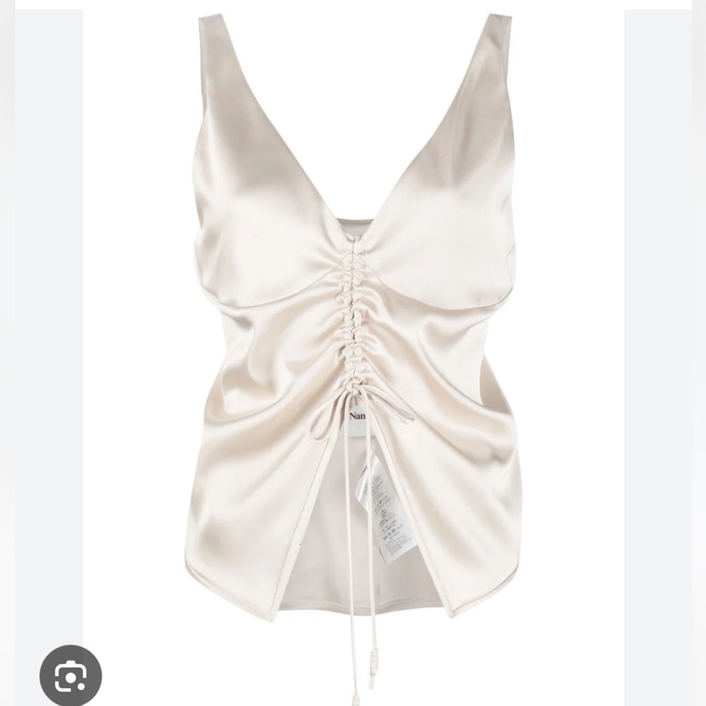 Nanushka Klara ruched satin top in crème